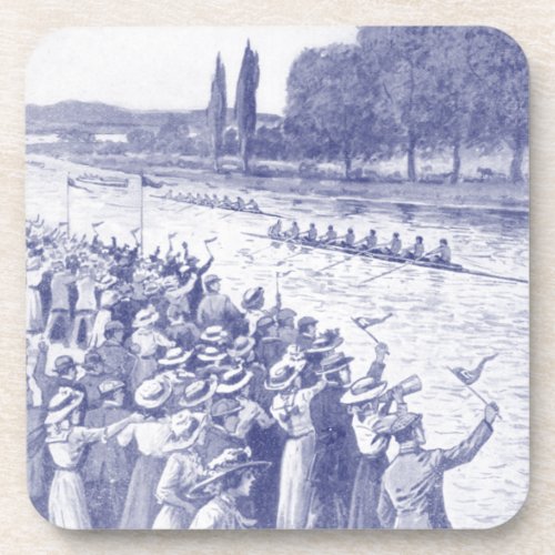 Vintage Crew Rowers Race With Many Spectators Blue Beverage Coaster
