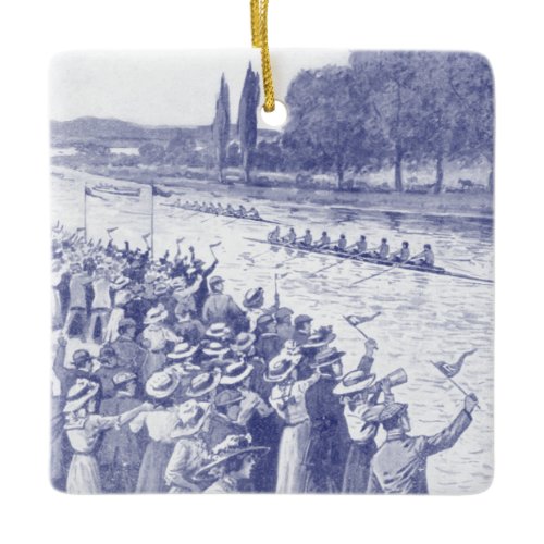 Vintage Crew Rowers Race With Many Spectators Blue Ceramic Ornament