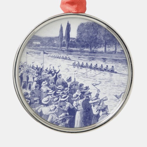 Vintage Crew Rowers Race With Many Spectators Blue Metal Ornament