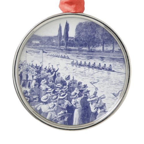 Vintage Crew Rowers Race With Many Spectators Blue Metal Ornament