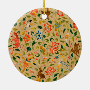 Vintage Crewel Animal Embroidery: Antique Tapestry Ceramic Ornament