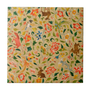 Vintage Crewel Animal Embroidery: Antique Tapestry Ceramic Tile