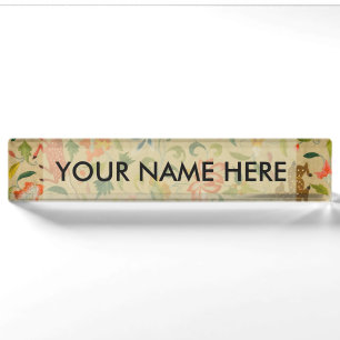 Vintage Crewel Animal Embroidery: Antique Tapestry Desk Name Plate