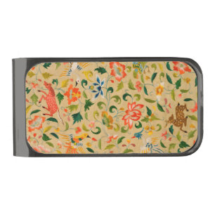 Vintage Crewel Animal Embroidery: Antique Tapestry Gunmetal Finish Money Clip