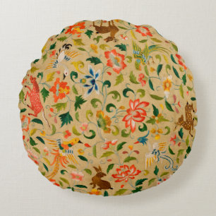 Vintage Crewel Animal Embroidery: Antique Tapestry Round Pillow