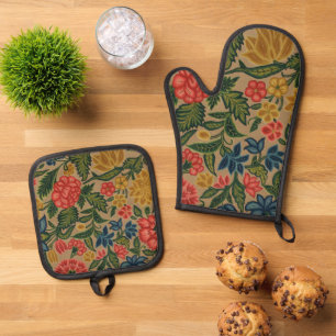 Vintage Crewel Floral Embroidery Pattern Oven Mitt & Pot Holder Set