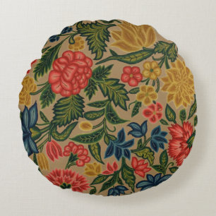 Vintage Crewel Floral Embroidery Pattern Round Pillow
