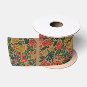 Vintage Crewel Floral Embroidery Pattern Satin Ribbon