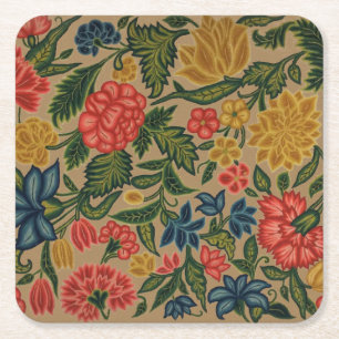 Vintage Crewel Floral Embroidery Pattern Square Paper Coaster