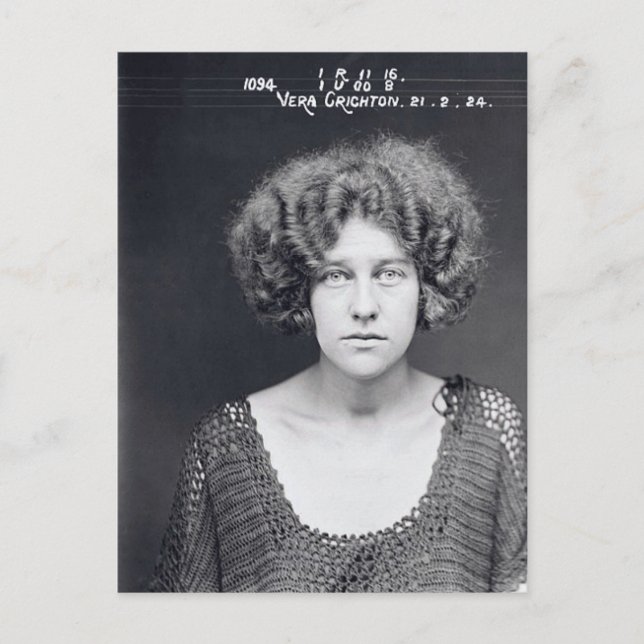 Vintage Criminal Female Black & White Mug Shot Postcard (Front)