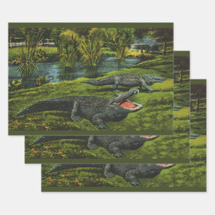Vintage Crocodiles, Marine Life Reptiles Animals Wrapping Paper Sheets