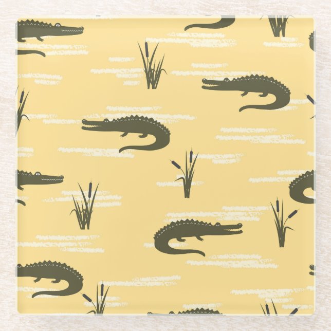 Vintage Crocodiles: Yellow Seamless Pattern Glass Coaster (Front)
