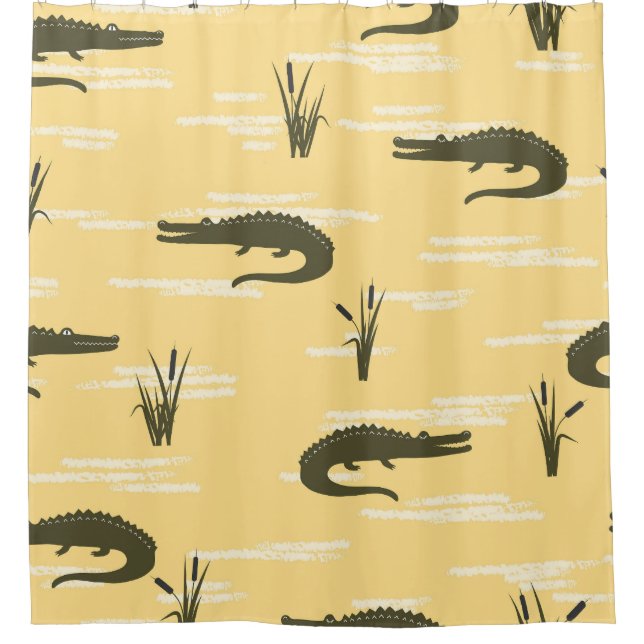 Vintage Crocodiles: Yellow Seamless Pattern Shower Curtain (Front)