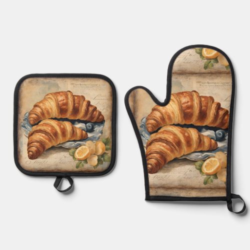 Vintage Croissant Bread Baking Pastry Chef Baker  Oven Mitt  Pot Holder Set