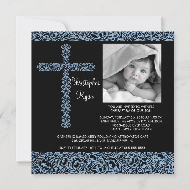 Vintage Cross Photo Baptism Inviation Baby Boy Invitation (Front)