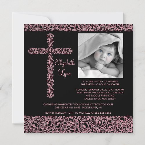 Vintage Cross Photo Baptism Inviation Custom Invite