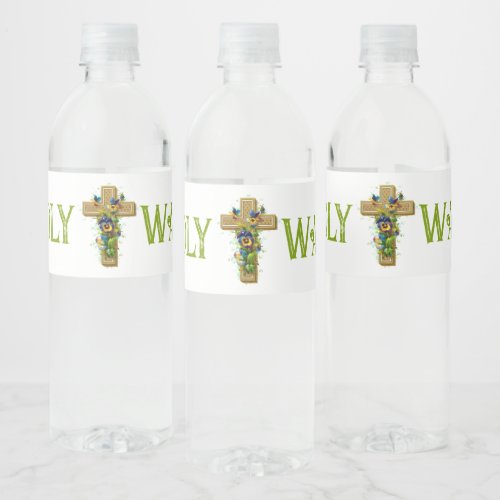 Vintage cross spring flowers holy water water bottle label