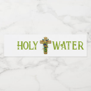 Vintage cross spring flowers holy water water bottle label