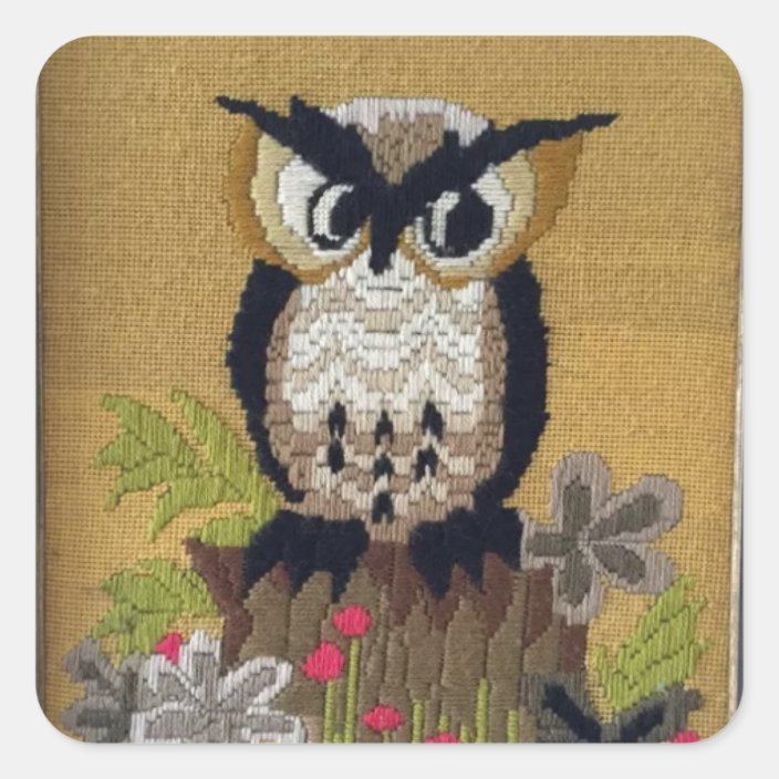 Vintage Cross Stitch Owl 1970s Stickers Zazzle Com
