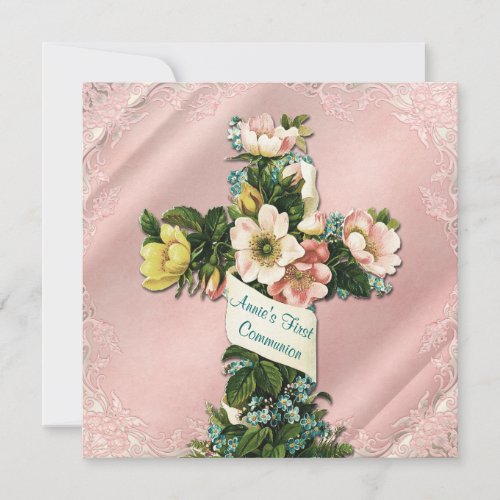 Vintage Cross Vintage Pink First Communion Invites