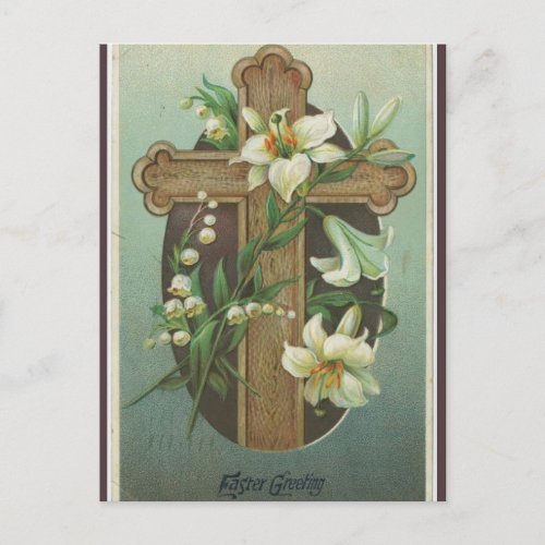 Vintage Cross With Lilies Easter Postcard