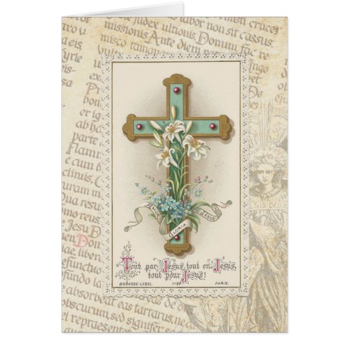 Vintage Cross with lilies Latin Text and Angel