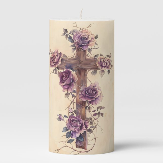 Vintage Cross With Roses Pillar Candle (Front)