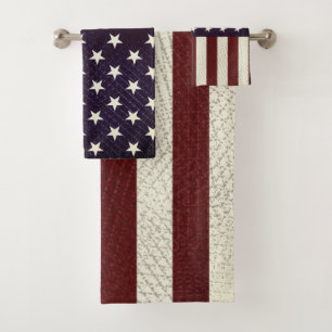Vintage Crosshatch American Flag Stars Stripes Bath Towel Set