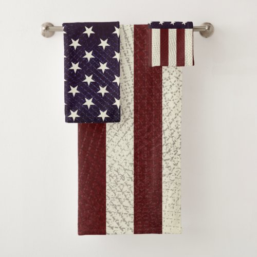 Vintage Crosshatch American Flag Stars Stripes Bath Towel Set