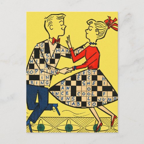 Vintage Crossword Puzzle Teen Dancers Postcard
