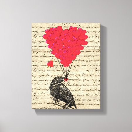 Vintage Crow And Heart Shaped Balloons Canvas Print