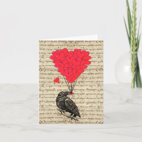Vintage Crow and heart shaped balloons Card