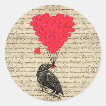 Vintage Crow And Heart Shaped Balloons Classic Round Sticker by vintageprintstore at Zazzle