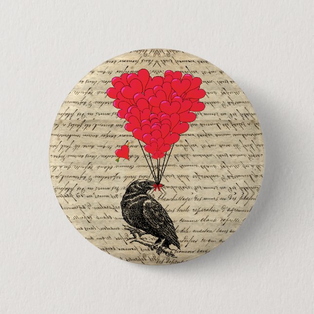 Vintage Crow and heart shaped balloons Pinback Button (Front)