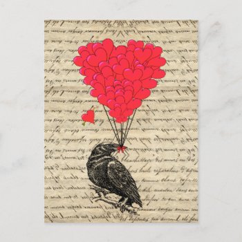 Vintage Crow And Heart Shaped Balloons Postcard by vintageprintstore at Zazzle