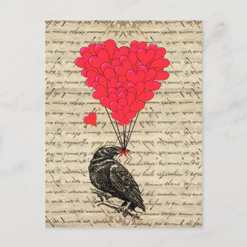 Vintage Crow and heart shaped balloons Postcard