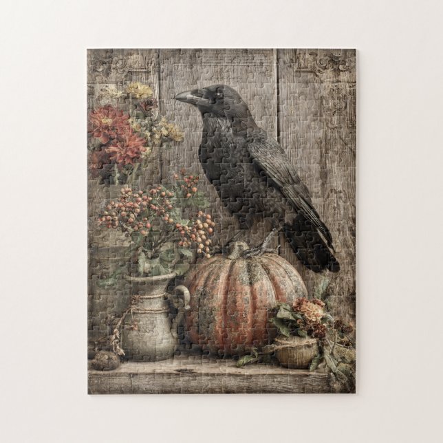 Vintage Crow and Pumpkin Still Life Jigsaw Puzzle (Vertical)