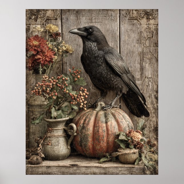 Vintage Crow and Pumpkin Still Life Poster (Front)