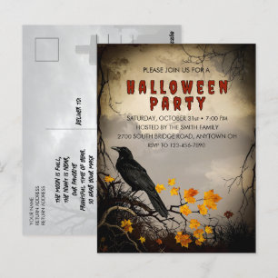 Vintage Crow & Autumn Leaves Halloween Invitation Postcard