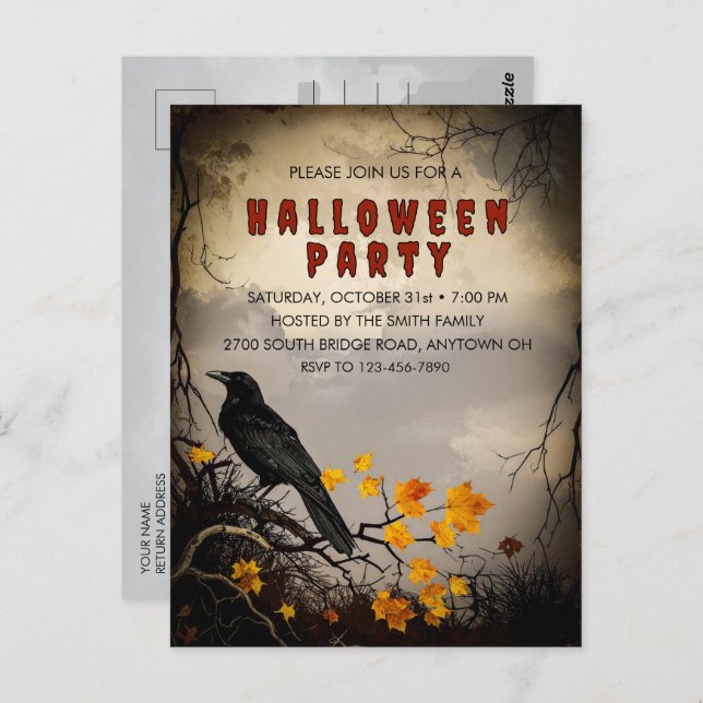Vintage Crow & Autumn Leaves Halloween Invitation Postcard (Front/Back)