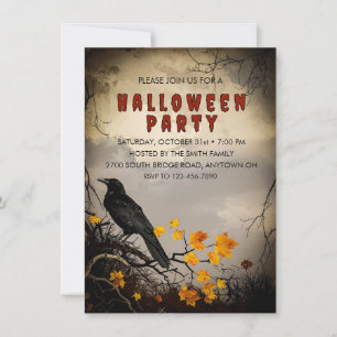 Vintage Crow & Autumn Leaves Halloween Party Invitation