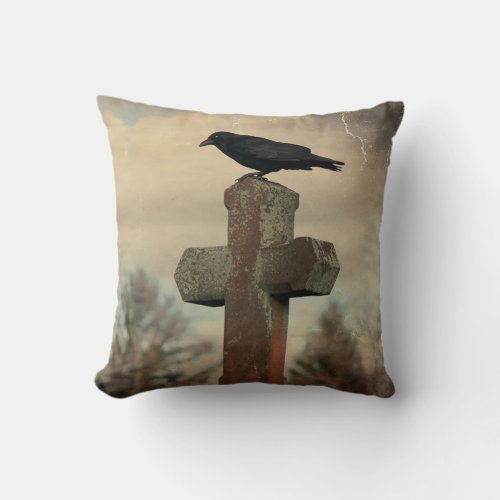 Vintage Crow Goth Image Throw Pillow