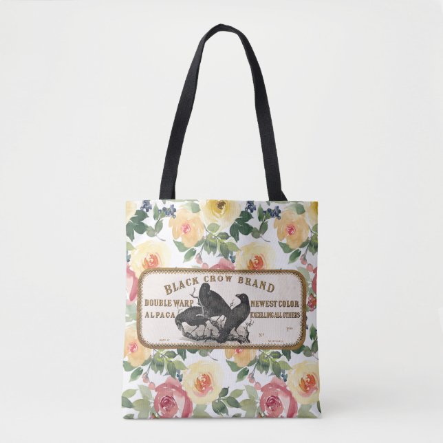 Vintage Crow Label and Flowers Tote Bag (Front)