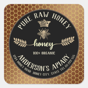 Vintage crown bee honey branch comb honey jar square sticker
