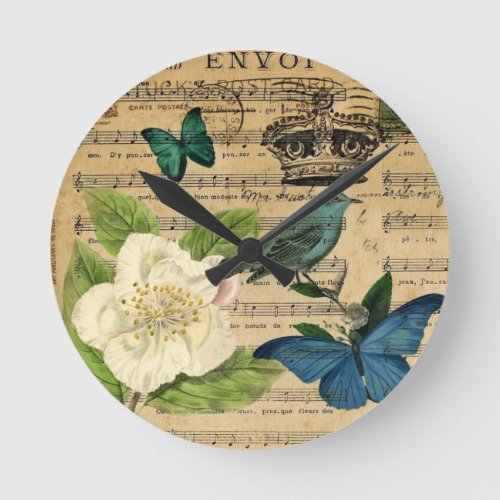 vintage crown bird Music Notes french botanical Round Clock