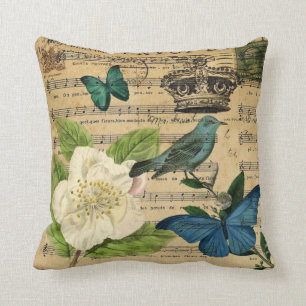 vintage crown bird Music Notes french botanical Throw Pillow