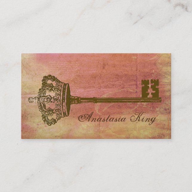 Vintage Crown & Key Elegant Business Cards Pink (Front)