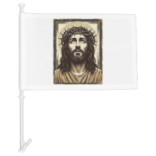 Vintage Crown of Thorns Religious Portrait Car Flag
