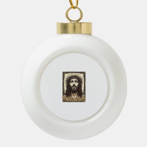 Vintage Crown of Thorns Religious Portrait Ceramic Ball Christmas Ornament