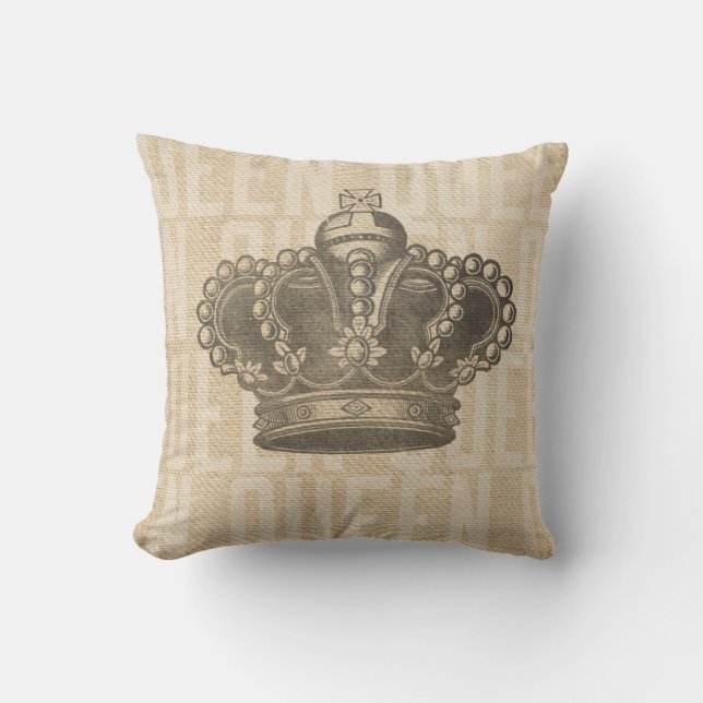 Vintage Crown on Burlap Queen Throw Pillow (Front)